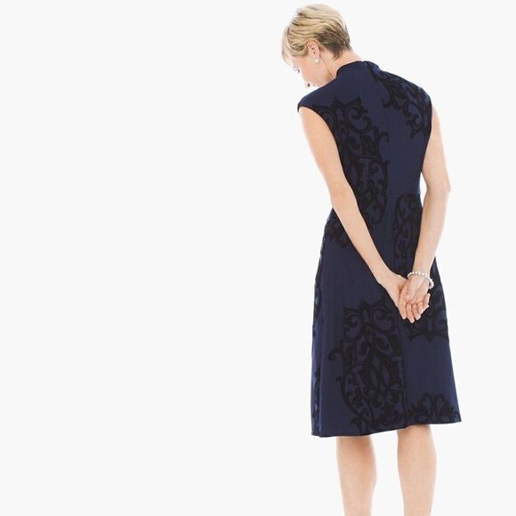 Chico's Navy Flocked Mock-Neck Sheath Dress - Picture 3 of 12
